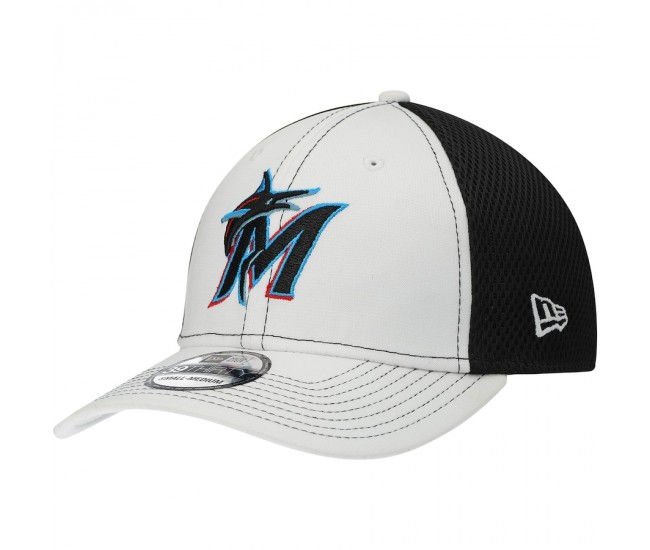 Miami Marlins Men's New Era White Neo 39THIRTY Flex Hat