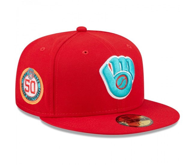 Milwaukee Brewers Men's New Era Scarlet 50th Anniversary Undervisor 59FIFTY Fitted Hat