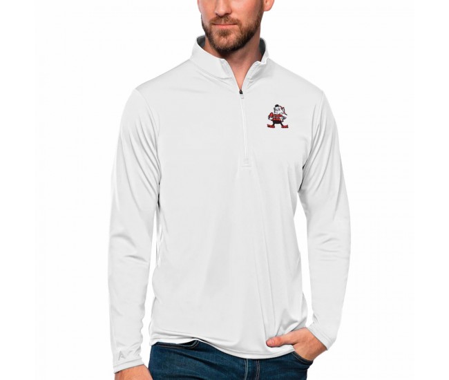 Cleveland Browns Men's Antigua White Brownie The Elf Tribute Quarter-Zip Pullover Top