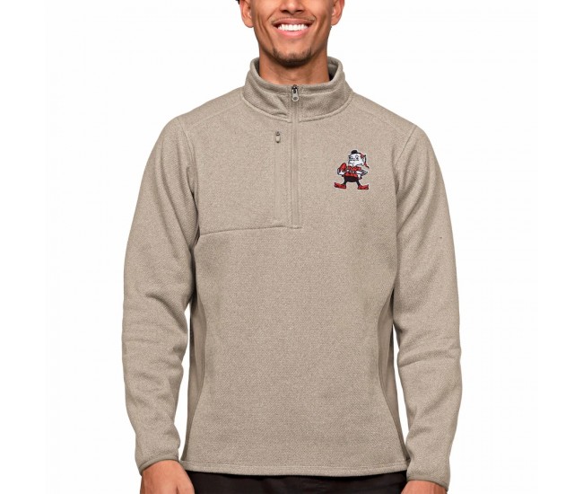 Cleveland Browns Men's Antigua Oatmeal Brownie The Elf Course Quarter-Zip Pullover Top