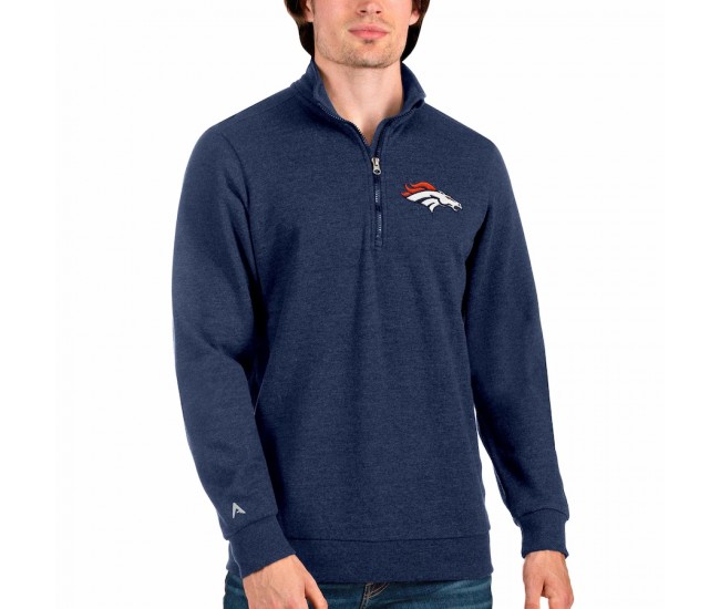 Denver Broncos Men's Antigua Heathered Navy Action Quarter-Zip Pullover Sweatshirt