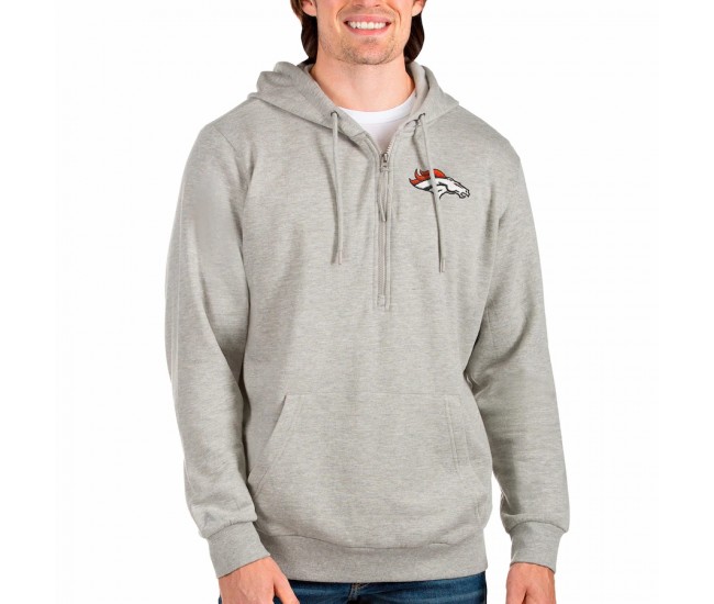 Denver Broncos Men's Antigua Heathered Gray Action Quarter-Zip Pullover Hoodie