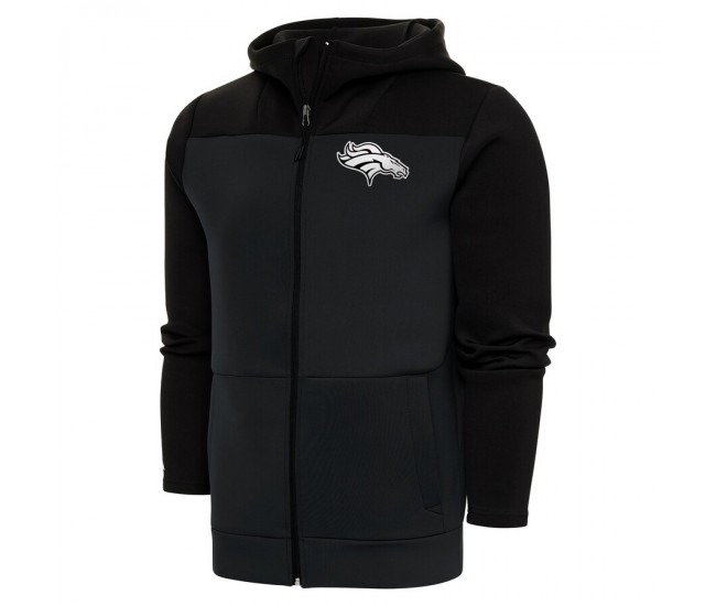 Denver Broncos Men's Antigua Charcoal/Black Metallic Logo Protect Full-Zip Hoodie