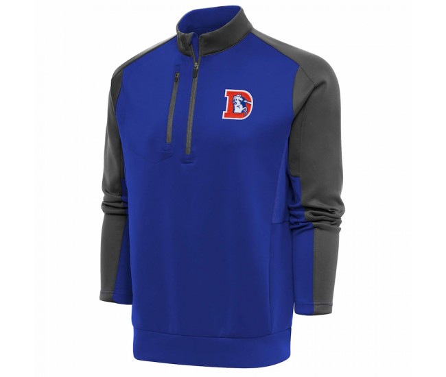 Denver Broncos Men's Antigua Royal/Charcoal Team Logo Throwback Team Quarter-Zip Pullover Top