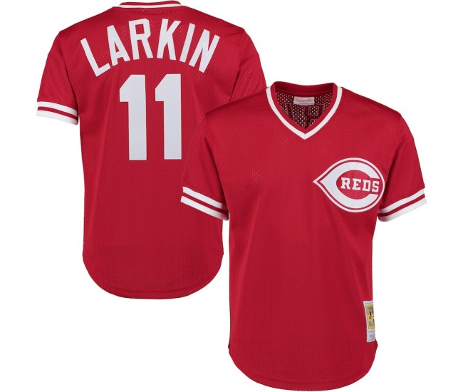 Cincinnati Reds Barry Larkin Men's Mitchell & Ness Red Fashion Cooperstown Collection Mesh Batting Practice Jersey