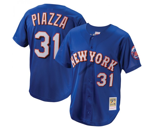 New York Mets Mike Piazza Men's Mitchell & Ness Royal Cooperstown Collection Mesh Batting Practice Button-Up Jersey