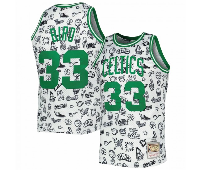 Boston Celtics Larry Bird Men's Mitchell & Ness White 1985-86 Hardwood Classics Doodle Swingman Jersey