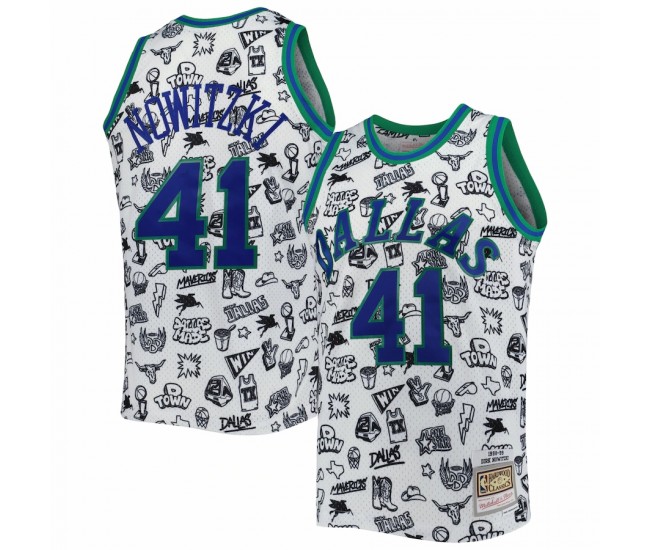 Dallas Mavericks Dirk Nowitzki Men's Mitchell & Ness White 1998-99 Hardwood Classics Doodle Swingman Jersey