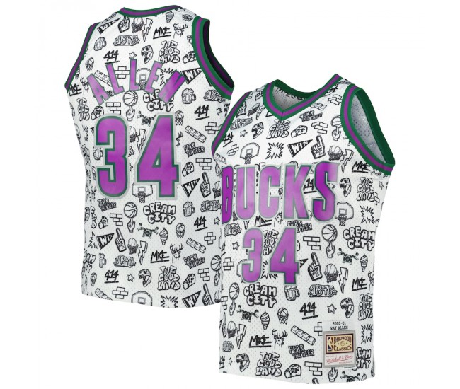 Milwaukee Bucks Ray Allen Men's Mitchell & Ness White 2000-01 Hardwood Classics Doodle Swingman Jersey