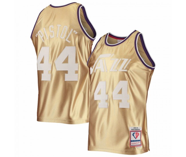 New Orleans Jazz Pete Maravich Gold Men's Mitchell & Ness 75th Anniversary 1974-75 Hardwood Classics Swingman Jersey