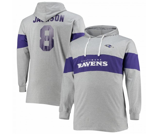 Baltimore Ravens Men's Lamar Jackson Fanatics Branded Heathered Gray Big & Tall Player Name & Number Pullover Hoodie