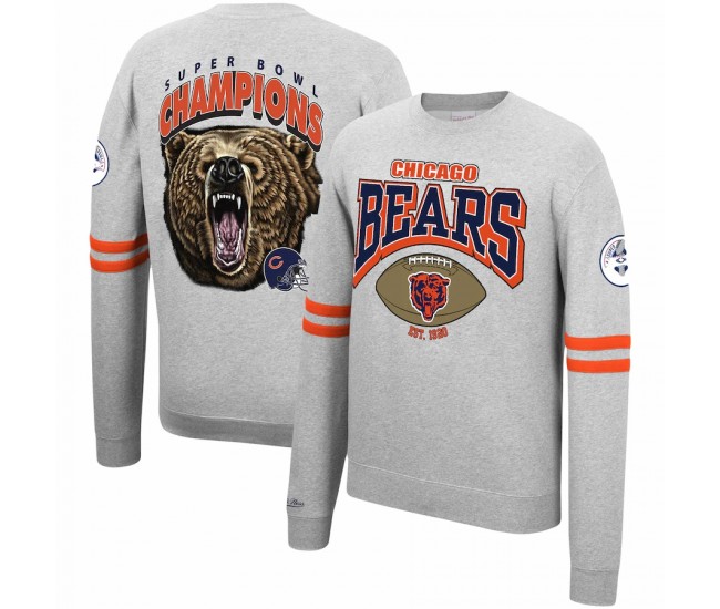 Chicago Bears Men's Mitchell & Ness Heathered Gray Allover Print Fleece Pullover Sweatshirt