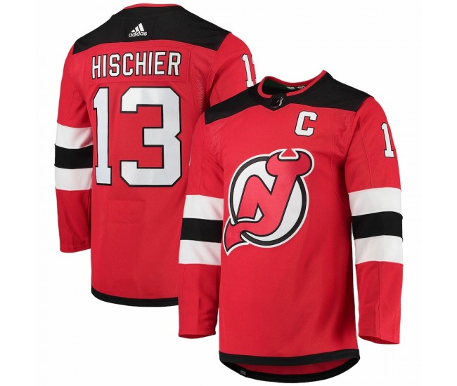 New Jersey Devils Nico Hischier Men's adidas Red Home Captain Patch Primegreen Authentic Pro Player Jersey