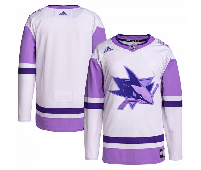 San Jose Sharks Men's adidas White/Purple Hockey Fights Cancer Primegreen Authentic Blank Practice Jersey