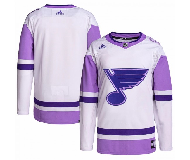 St. Louis Blues Men's adidas White/Purple Hockey Fights Cancer Primegreen Authentic Blank Practice Jersey